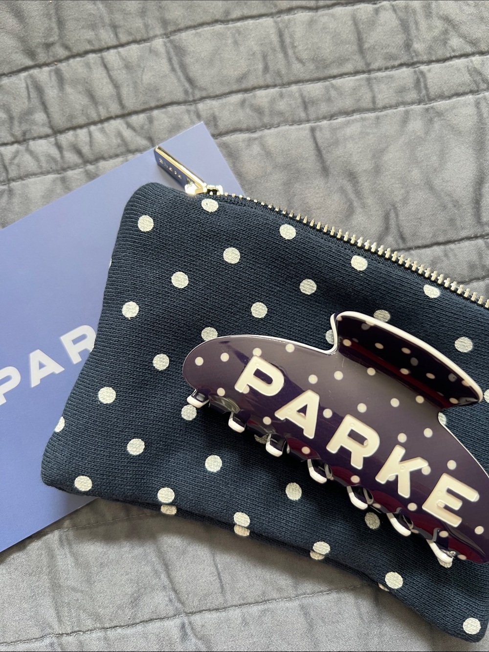 PARKE Navy Polka Dot Hair Claw Clip and Zipper Pouch New In Bag NWT